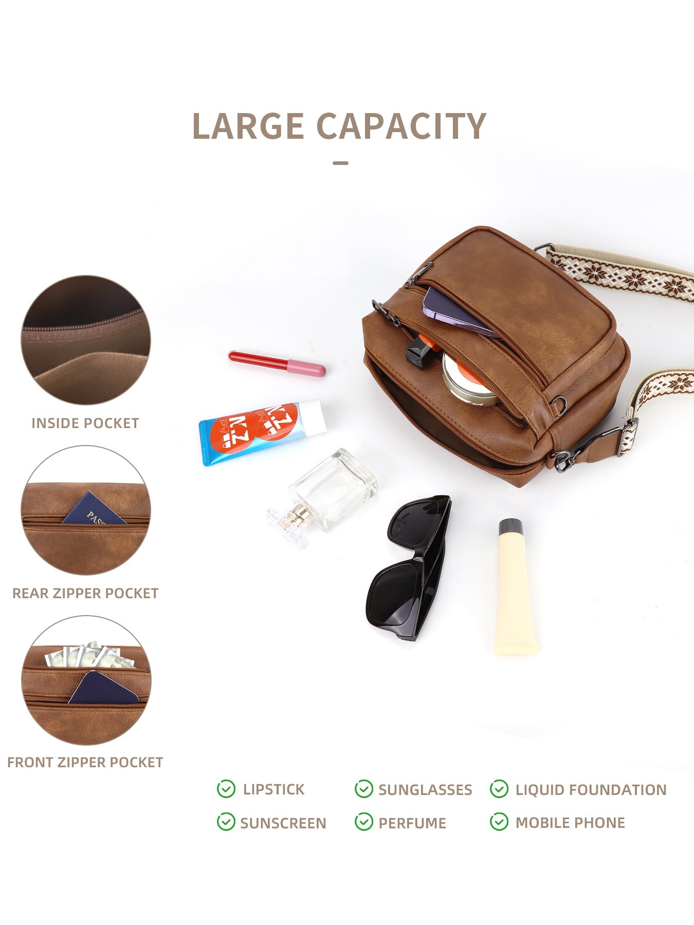 Color Matching Multifunctional Zipper Adjustable Strap Purses