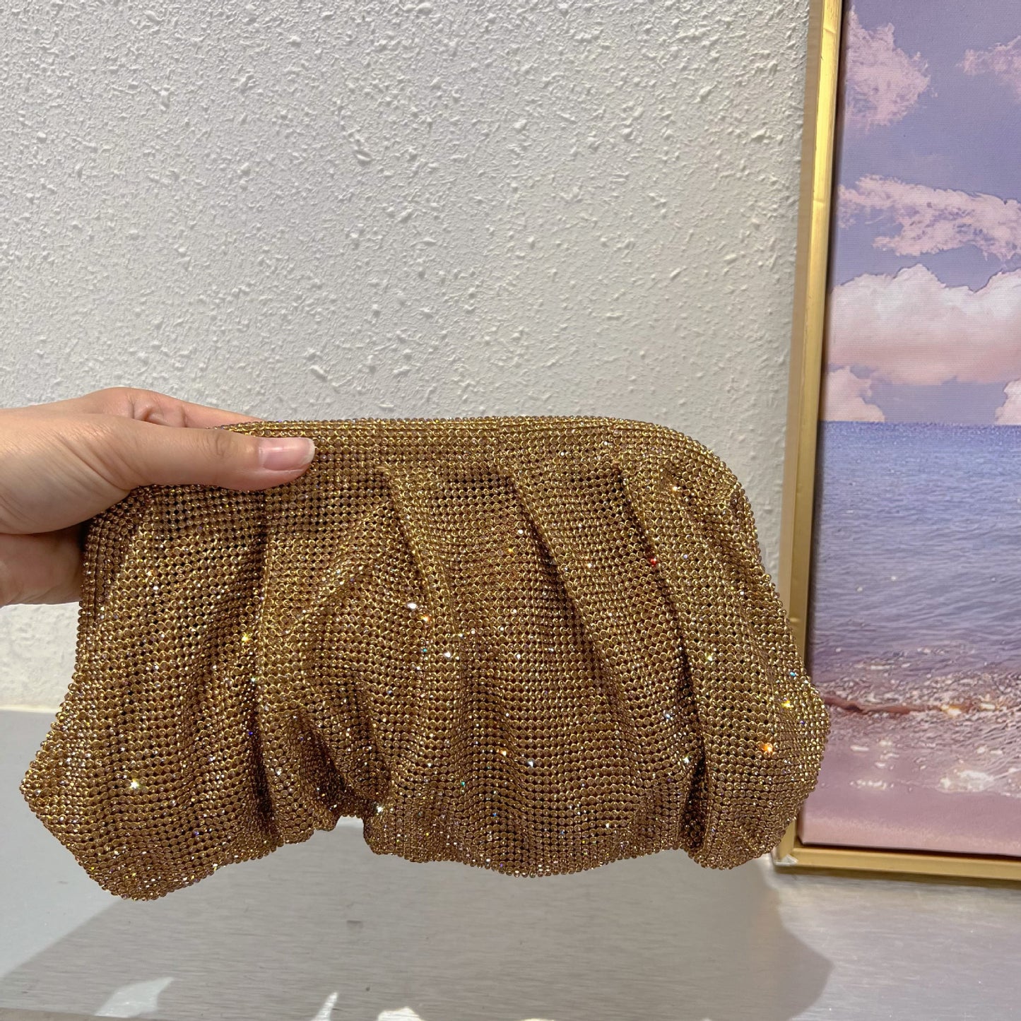 Studded Hand Crystal Pleated Chain Rhinestone Cloud Dumplings Clip Women's Shoulder Bag