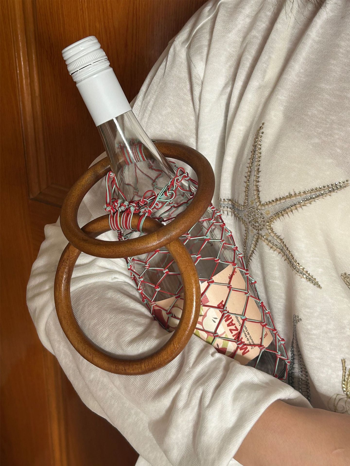 Tighten Rope Wood Red Wine Kettle Net Women's Handbag