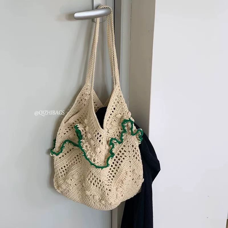 Letter Solid Color Lace Cutout Woven Women's Shoulder Bag