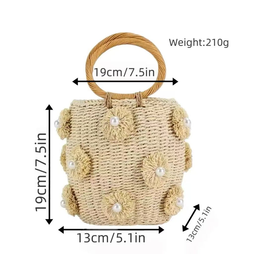 Women's Straw Artificial Pearl Decorative Portable Basket Woven Tote Bag