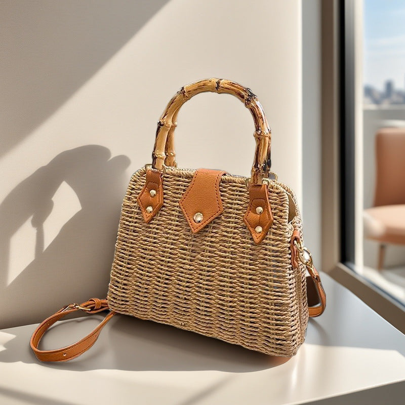 High-grade Straw Light Luxury Bamboo Portable Hand-woven Iron Shoulder Bags