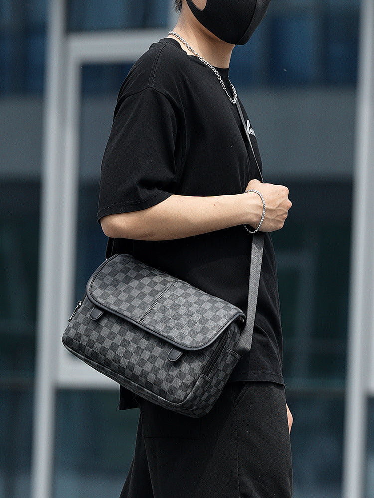 Men's Check Pattern Unisex Multifunctional Soft Leather Bags