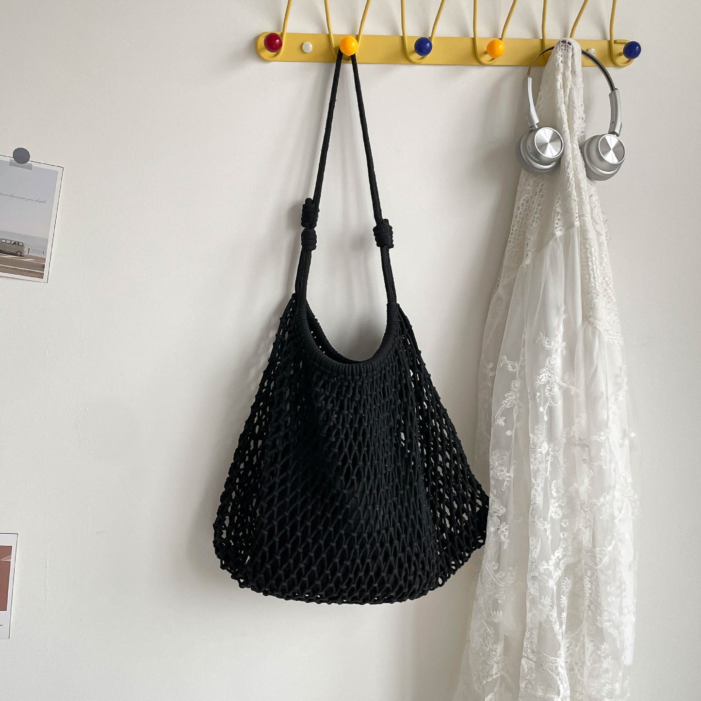 Large Capacity Mesh Woven Fishnet Drawstring Western Women's Shoulder Bag