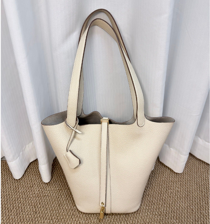Women's Portable Classic Genuine Leather Vegetable Basket Lychee Pattern Simple Latch Women's Shoulder Bag