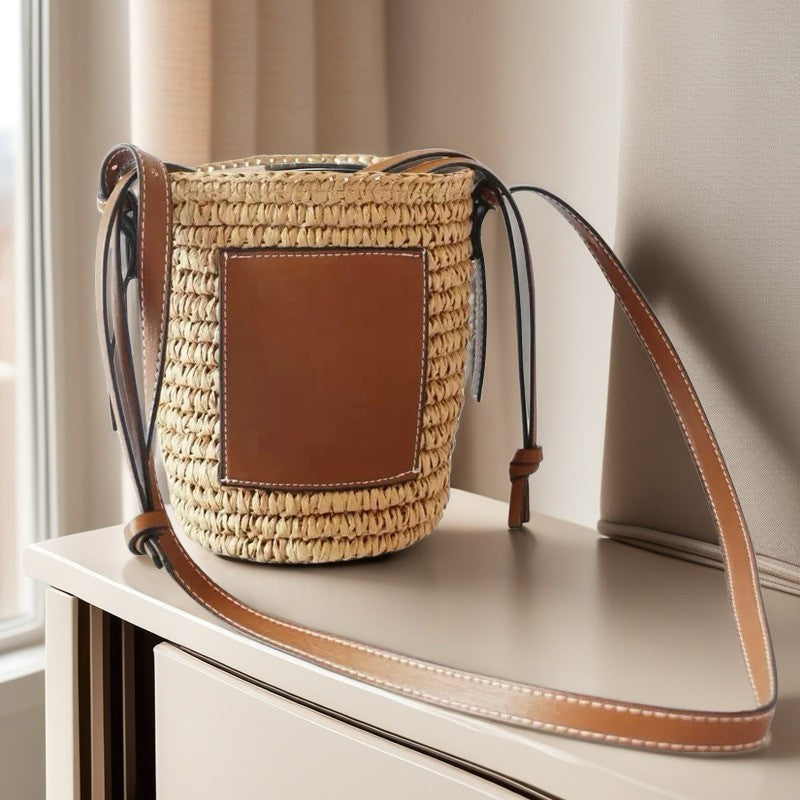 Cylinder Straw Woven Hand-woven Seaside Vacation Bucket Bags