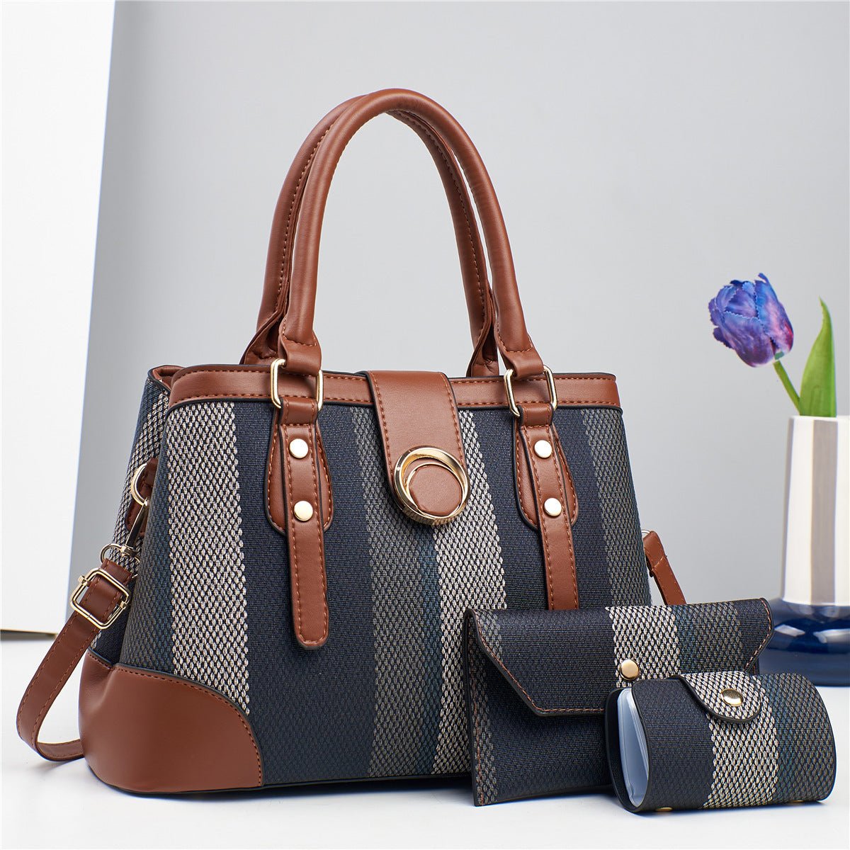 Large Capacity Stitching Canvas Three-piece Color Matching Bags