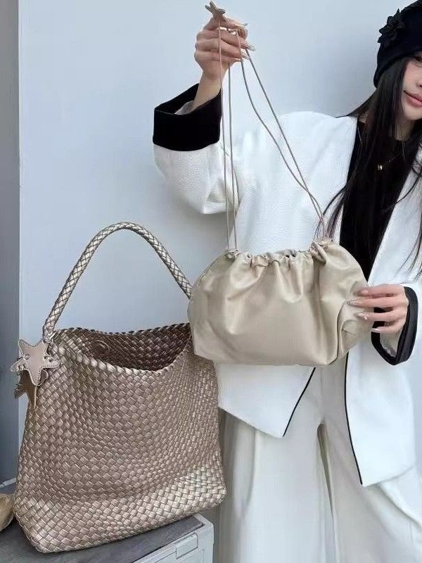 Women's Champagne Woven Large Capacity Portable Cross Women's Shoulder Bag