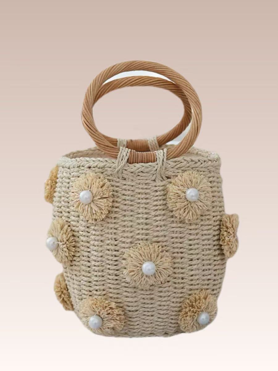 Women's Pearl Hand-woven Round Bracelet Blue Artistic Straw Hand-held Women's Handbag