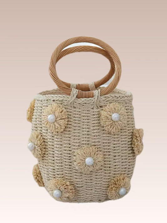 Women's Pearl Hand-woven Round Bracelet Blue Artistic Straw Hand-held Women's Handbag