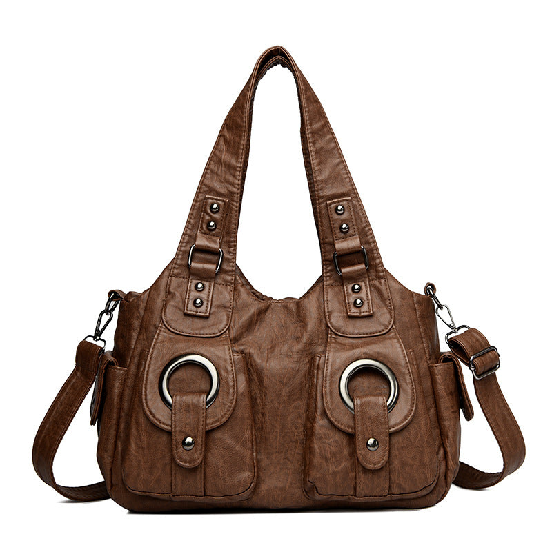 Women's Washed Leather Large Capacity Soft Retro Rivet Women's Shoulder Bag