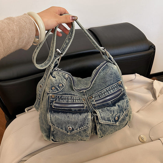 Motorcycle Double Pocket Denim Female Large Capacity Tote Bags