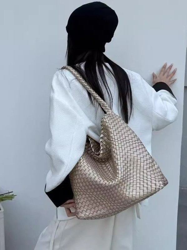 Women's Champagne Woven Large Capacity Portable Cross Women's Shoulder Bag