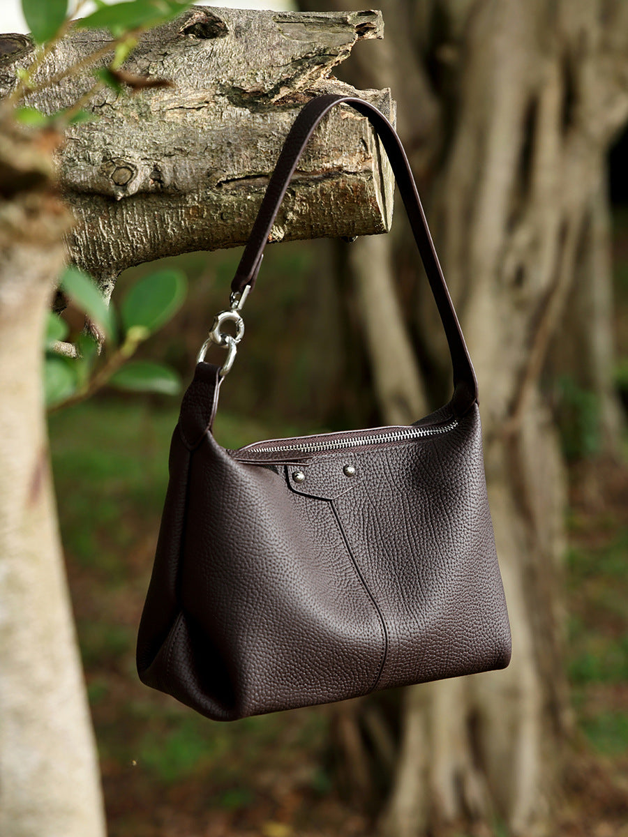 Women's Layer Cowhide Dark Brown Lychee Pattern Commuter One Women's Messenger Bag