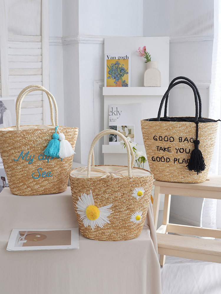 Women's Summer Woven Straw Seaside Vacation Weaving Embroidered Handbags