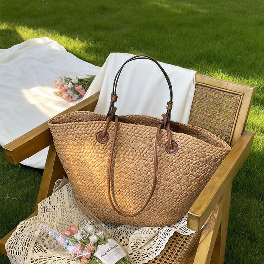 Women's Straw Woven Vegetable Basket Large Capacity Commuter Summer Seaside Vacation Tote Bag