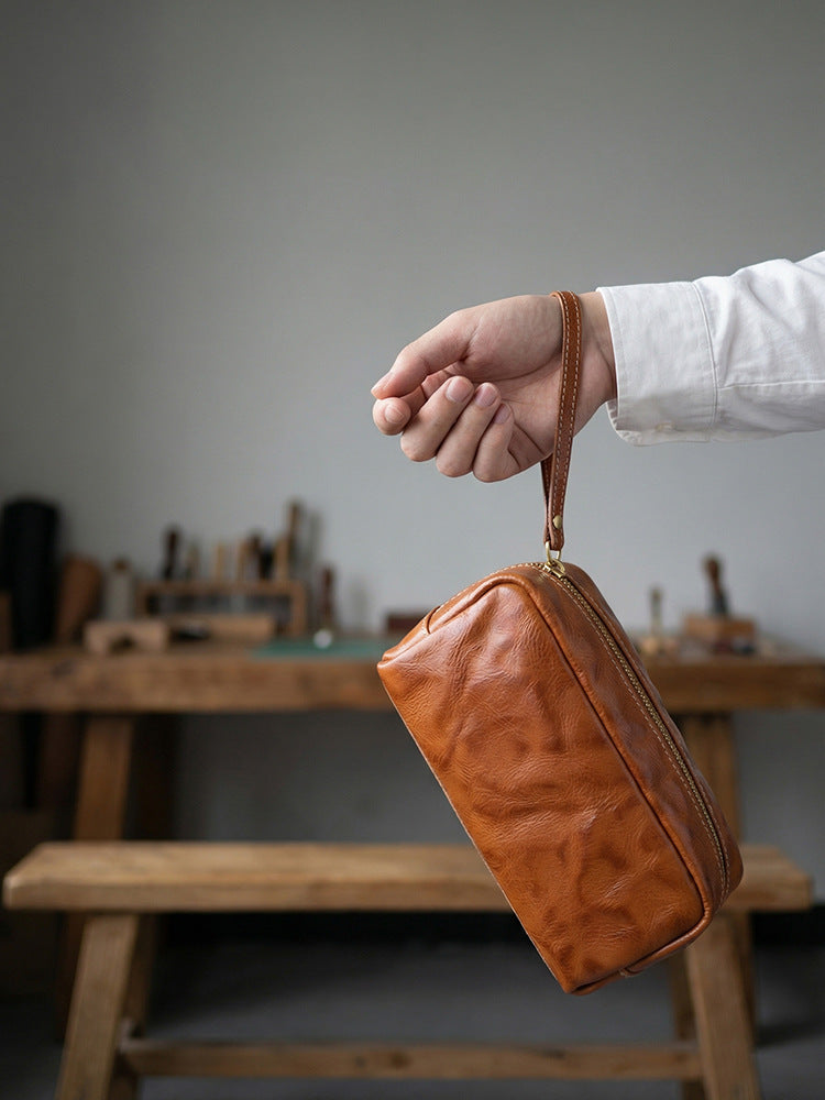 Tanned Leather Cowhide Wash Pencil Storage Large Makeup Bag