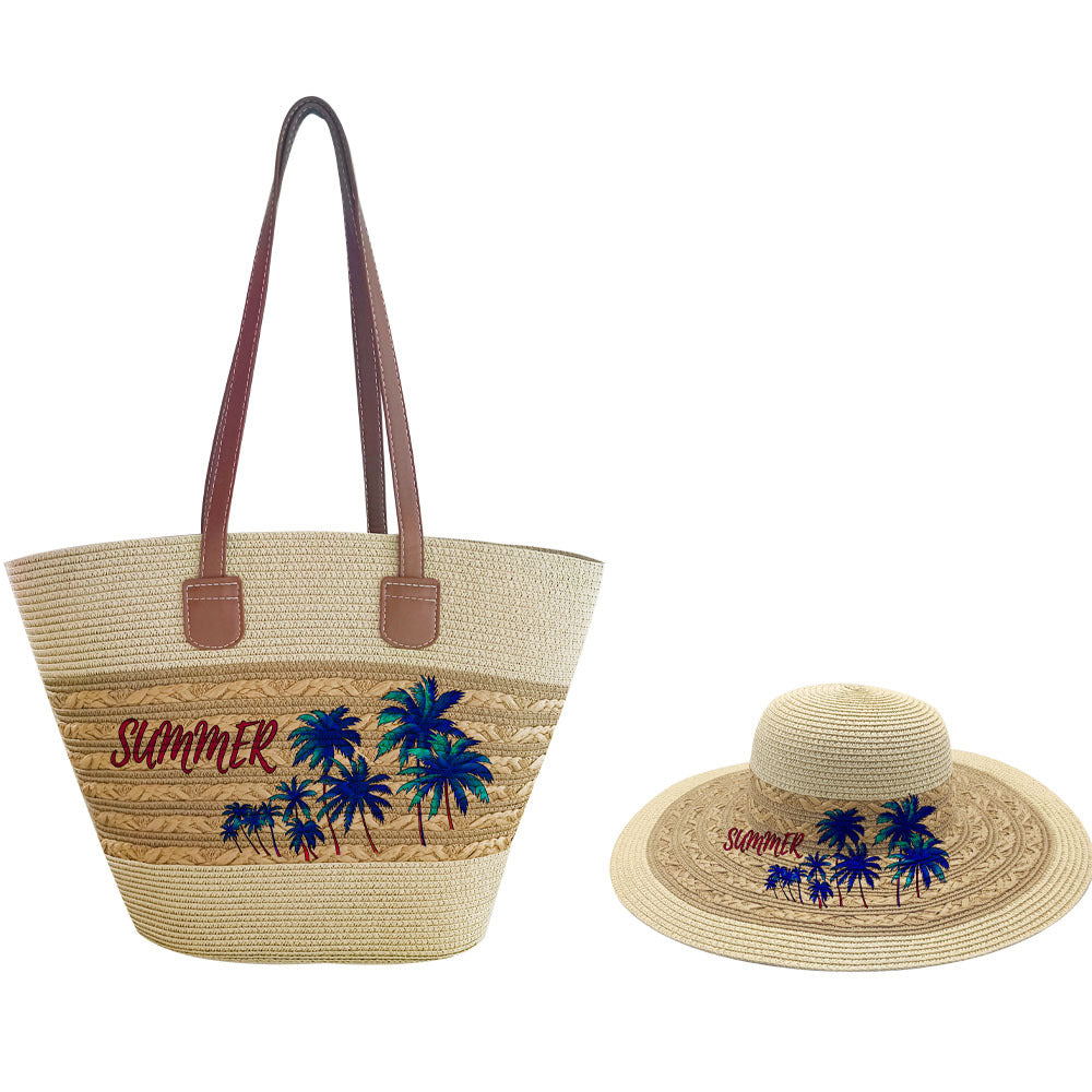 Fashionable Coconut Print Straw Woven Hat Set Vacation Women's Shoulder Bag