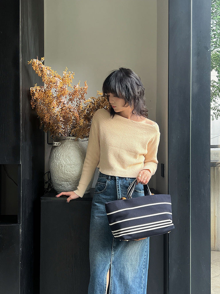 Women's One Retro Canvas Striped Beach Commuter Large Capacity Tote Bag