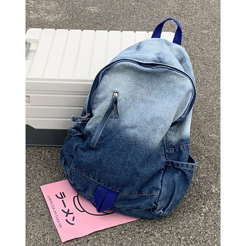 Women's Washed Denim Fashion Gradient High College Korean Style Leisure Backpack