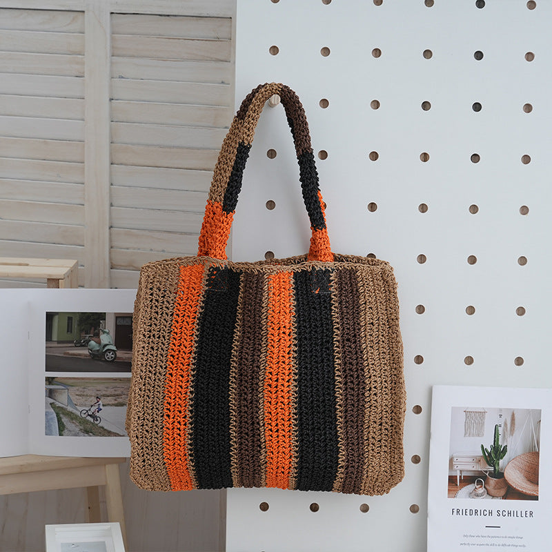 Straw Woven Hand Underarm Vertical Striped Women's Handbag