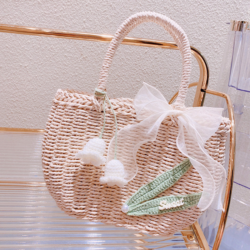 Summer Style Hand-knitted Crocheted Pearl Flower Lined Straw Handbags
