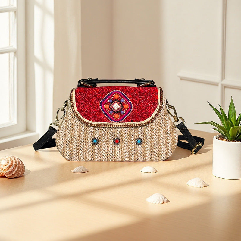 Bohemian Style Bead Rattan Lightweight Portable Women's Handbag