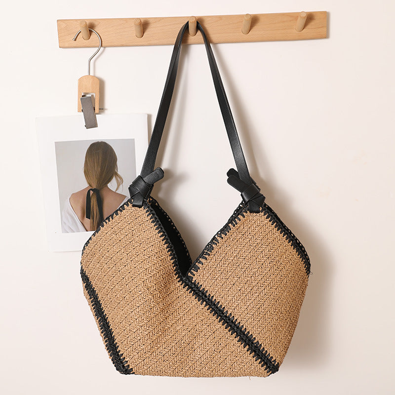 Fashion Black Edge Straw French Large Capacity Women's Shoulder Bag