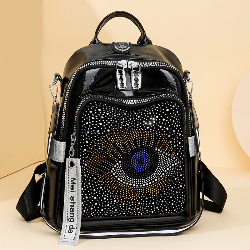 Women's Rhinestone Fashion Personality Big Eyes Western Style Large Capacity Backpacks