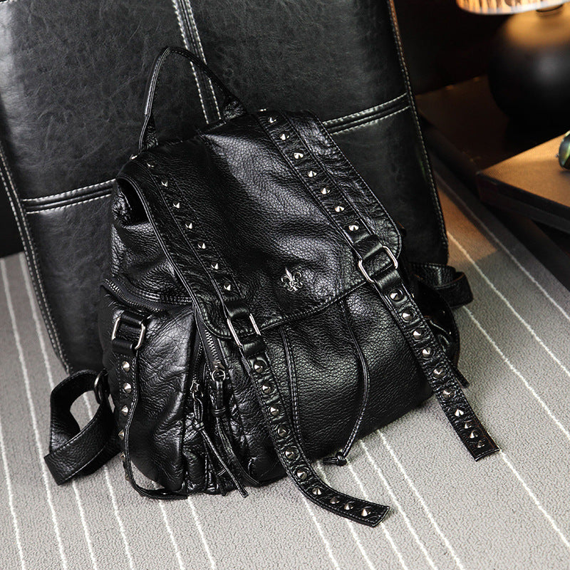 Women's Rivet Soft Surface Fashion Washed Leather Women's Backpack