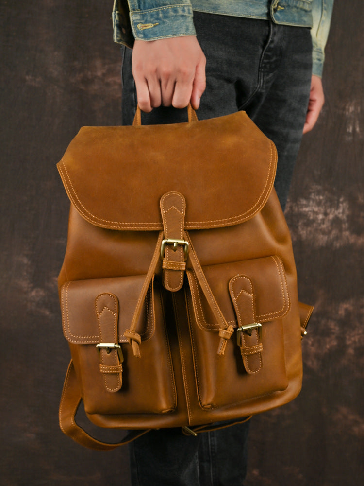 Men's Leather Vintage Distressed Top Layer Cowhide Large Business Backpack