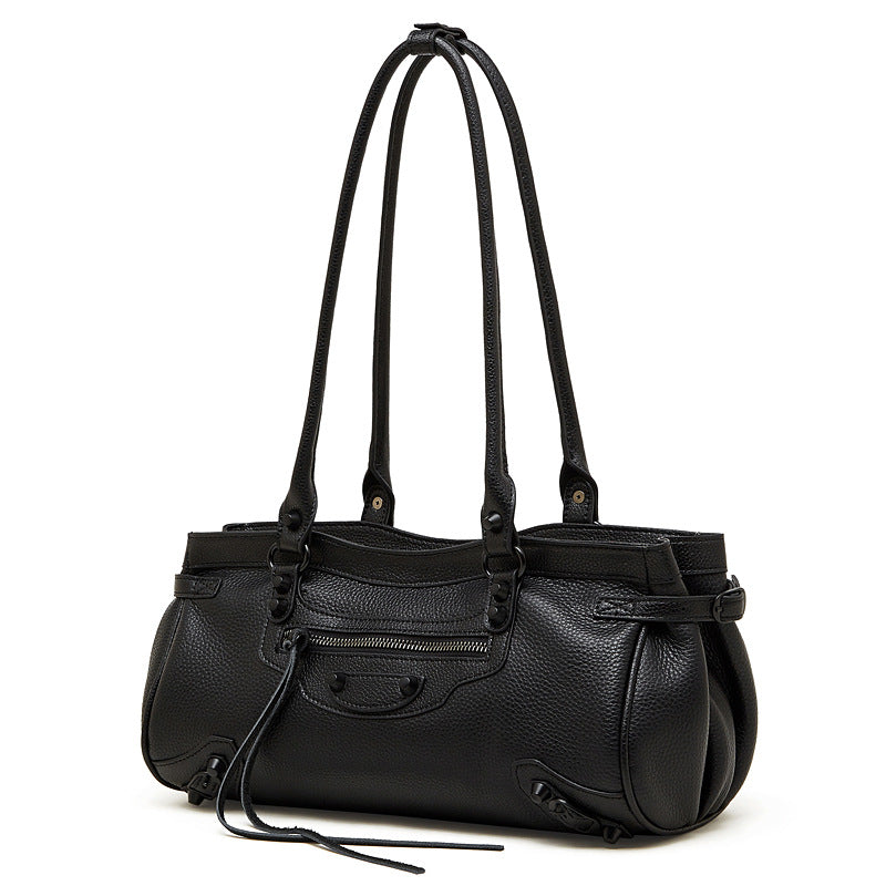 Rivet First Layer Cowhide Underarm Baguette Trendy Horizontal Punk Tote Bag