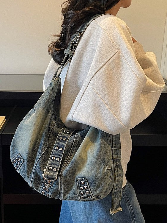 Large Capacity Totes Denim Rivet American Style Trend Tote Bag