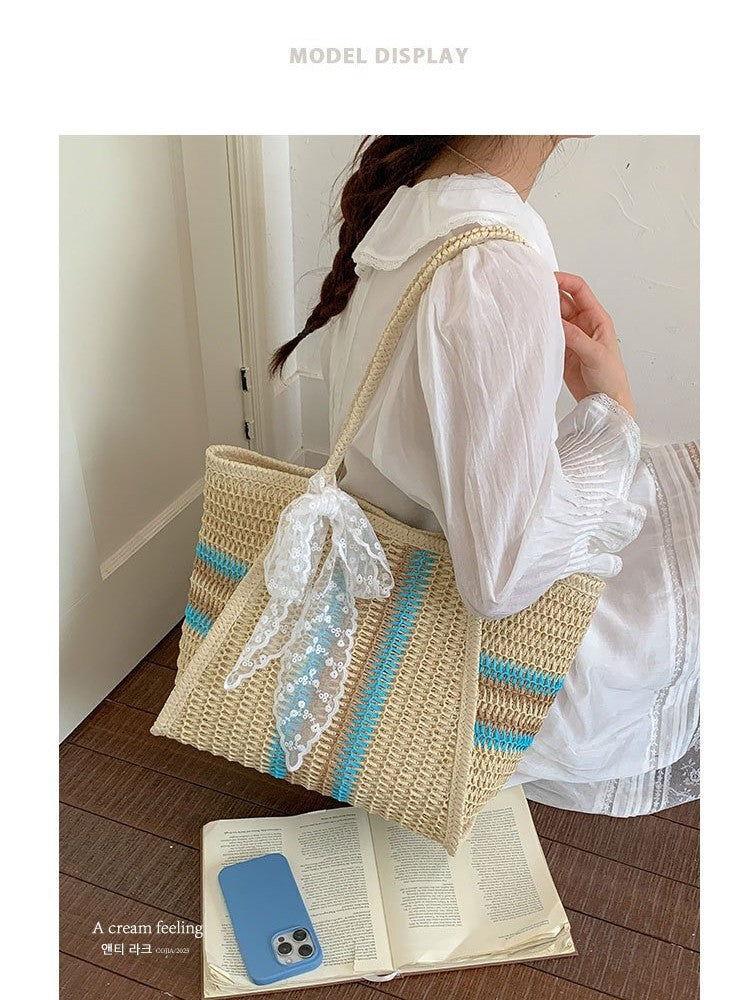 Large Capacity Commuter Straw Woven Fabric Leisure Striped Bags