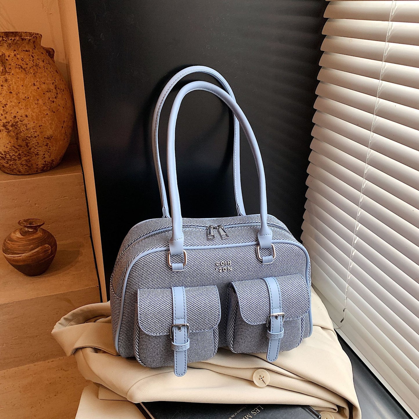 Women's Style Retro Color Matching Bowling Commuter Portable Design Underarm Bag