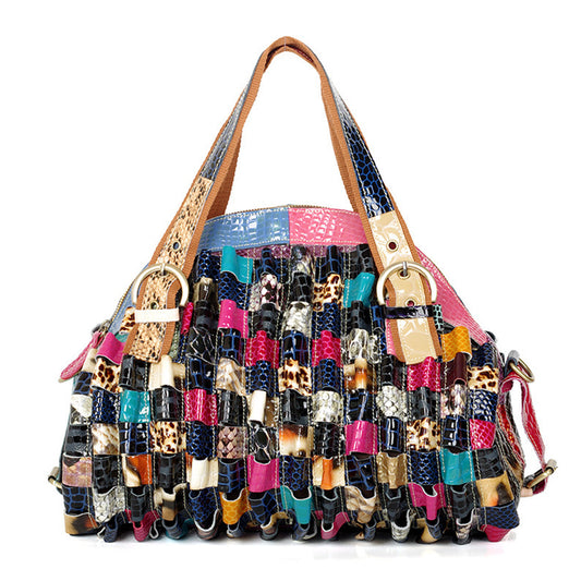 Genuine Leather Colored Mosaic Contrast Color Serpentine Wave Portable Shell Women's Handbag