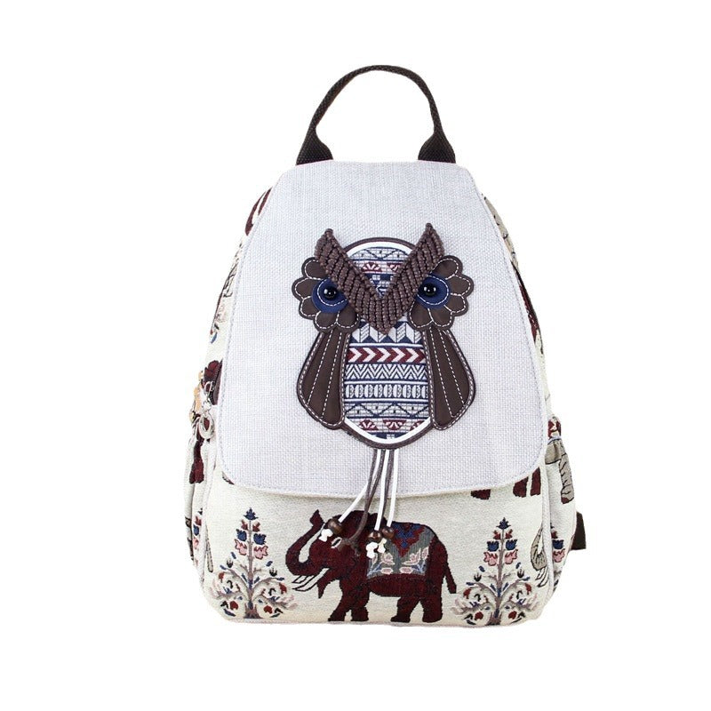 National Fashion Hand-woven Owl Antique Fabric Leisure Double Women's Backpack