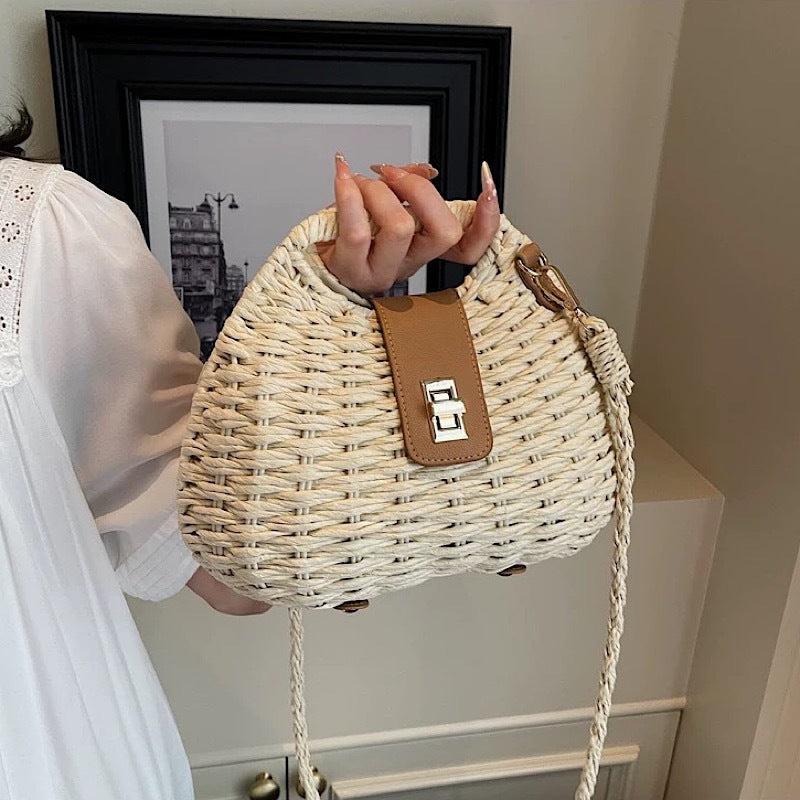 Iron Frame Shell Straw Solid Color Woven Seaside Vacation High Bags