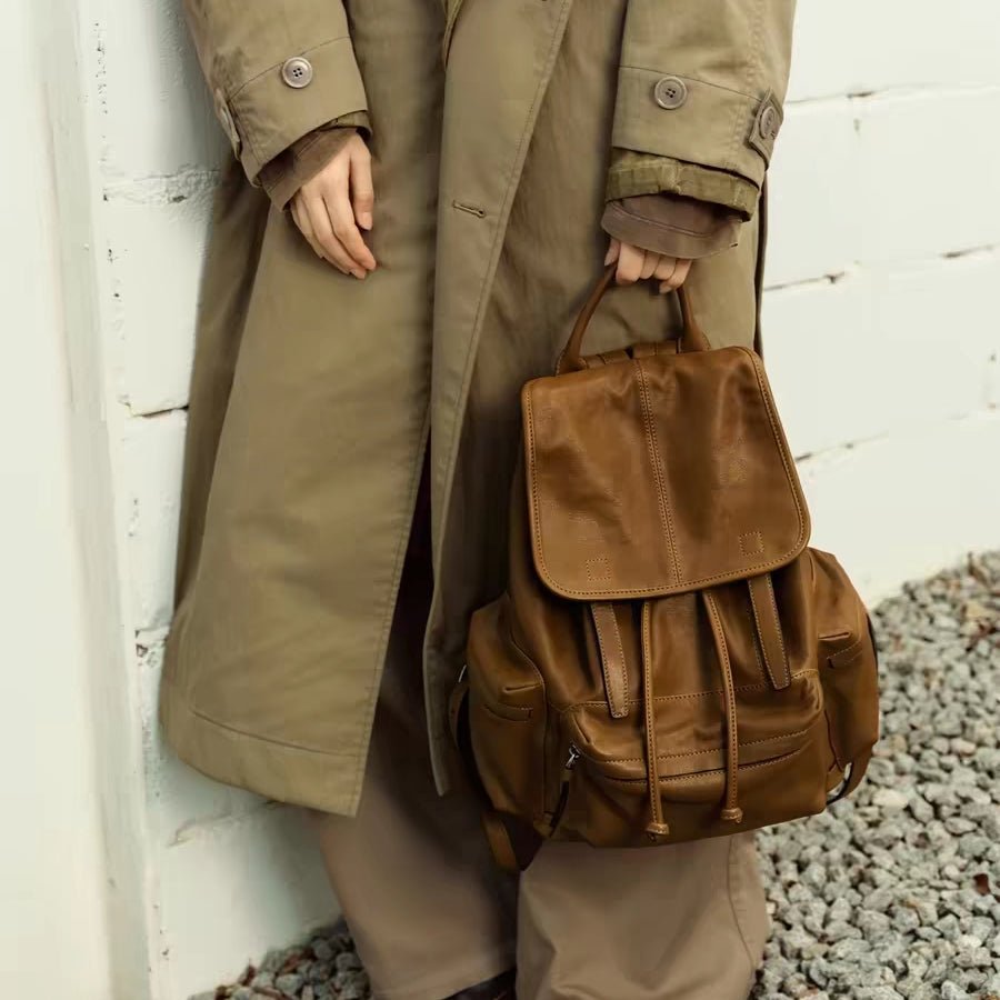 Women's & Men's Vegetable Tanned Sheepskin Lightweight Retro Genuine Leisure Backpack