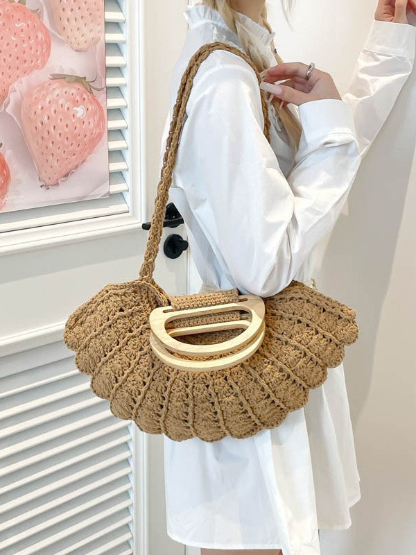 Woven Design Wooden Hand Holding Bao Vacation Beach Women's Shoulder Bag
