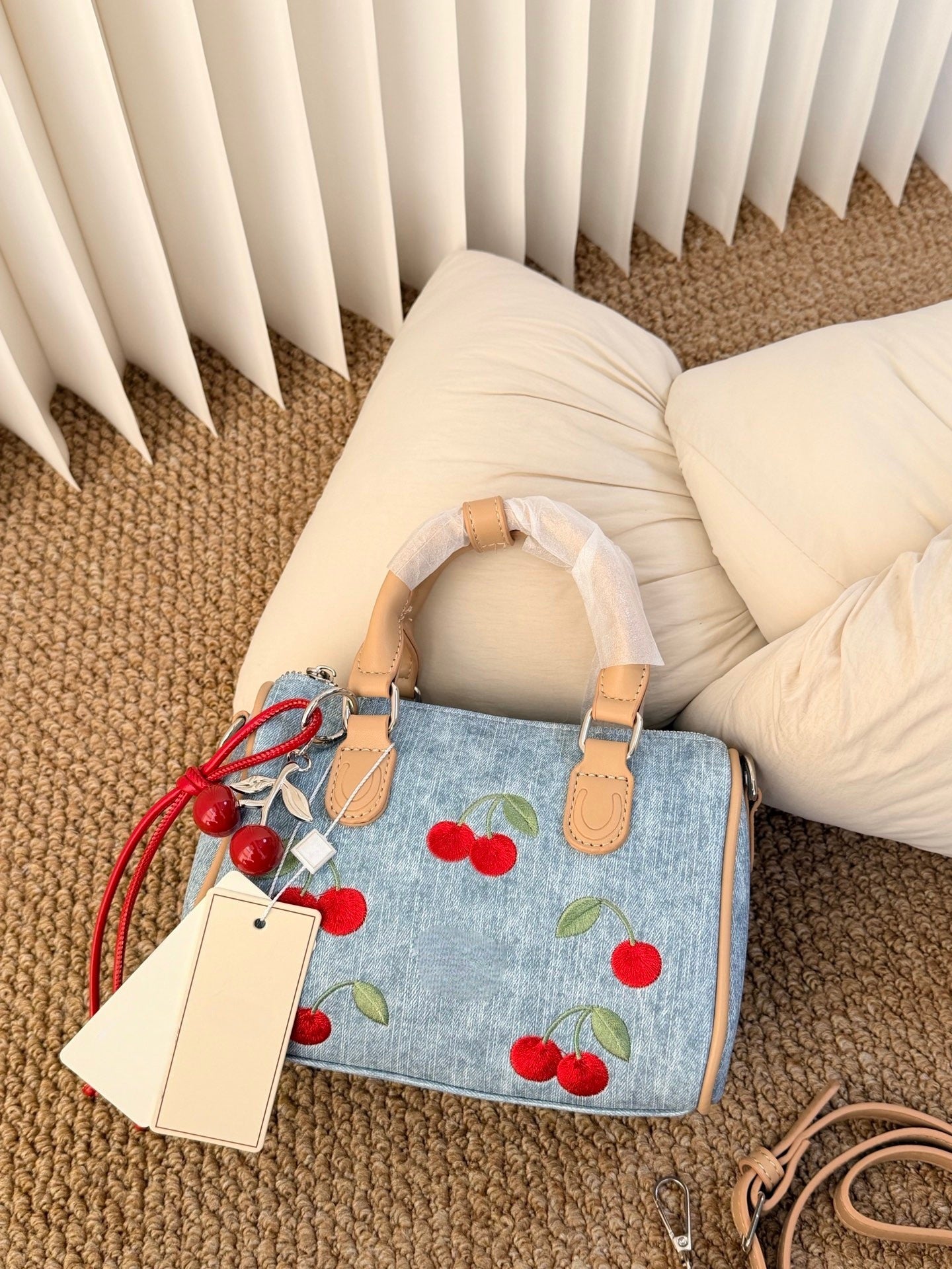Western Style Cherry Embroidered Pillow Boston Shoulder Bags