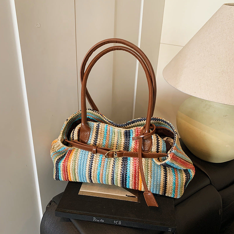 Women's Popular Color Woven Large Capacity Seaside Vacation Style Tote Bags