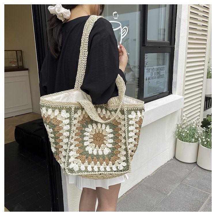 Women's Rhombus Plaid Straw High Sense Hand-woven Large Capacity Totes Bags