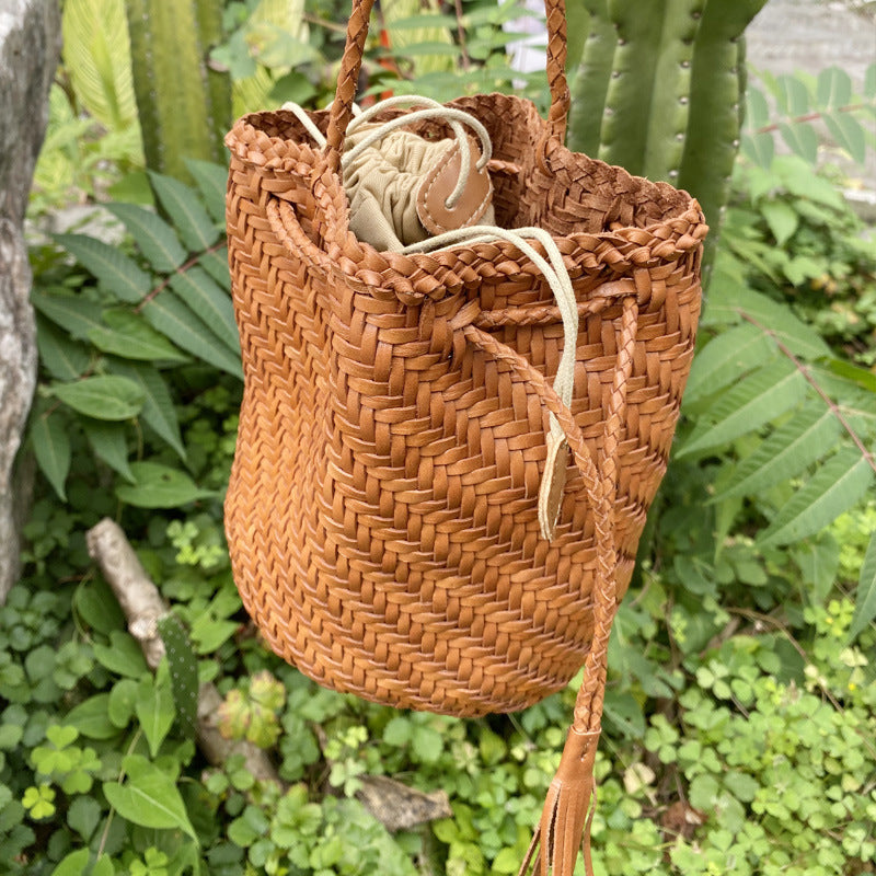 First Layer Cowhide Woven Genuine Leather Vegetable Basket Retro Bags