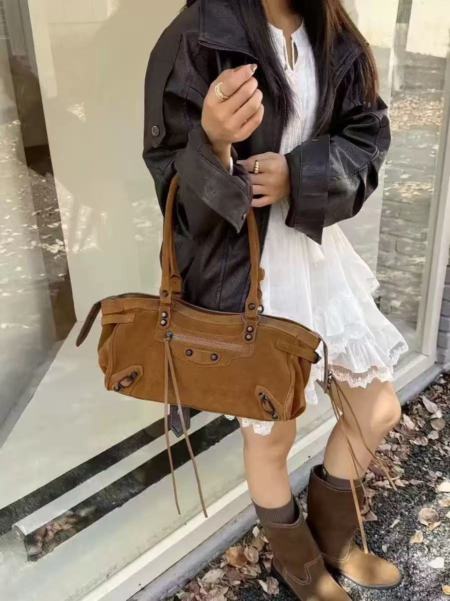 Women's Contrast Color Retro Cowhide Frosted Large Capacity Suede Motorcycle Women's Shoulder Bag
