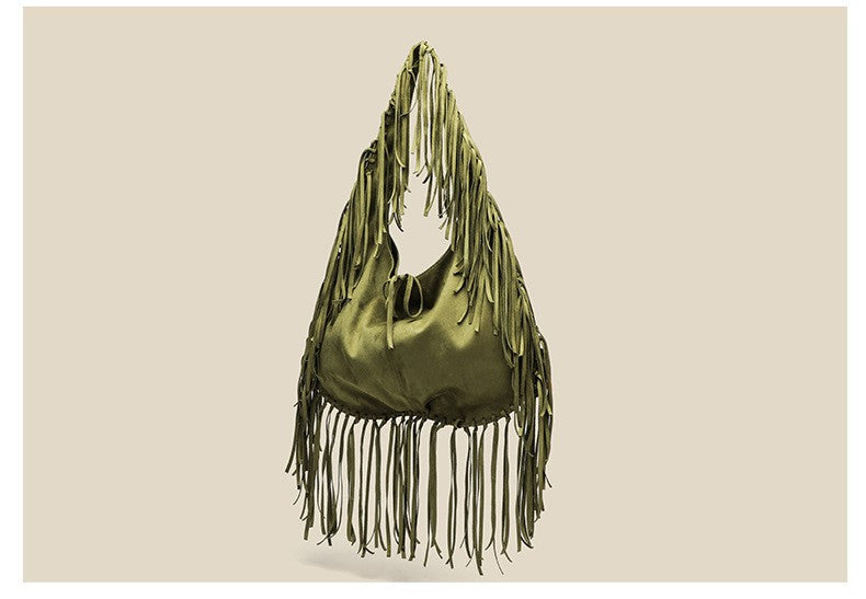 Women's Tassel Large Capacity Crescent Trendy Simple Deerskin Veet Retro Women's Shoulder Bag