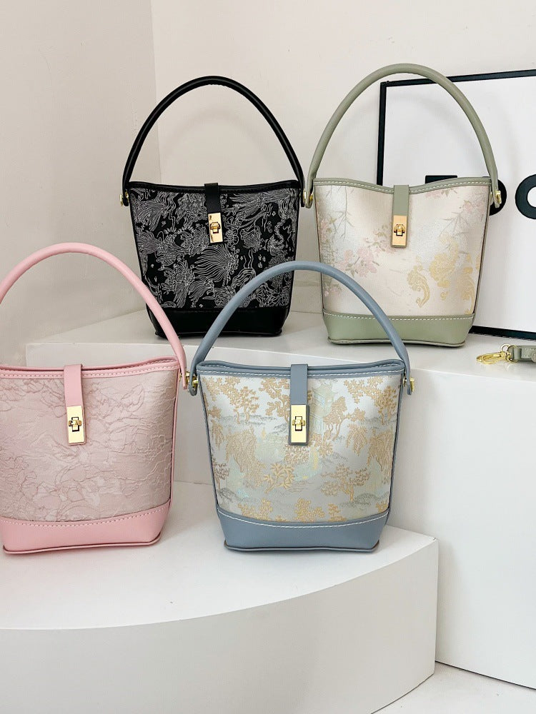 Women's Material Homemade National Style Contrast Color Hand Holding Bucket Bag