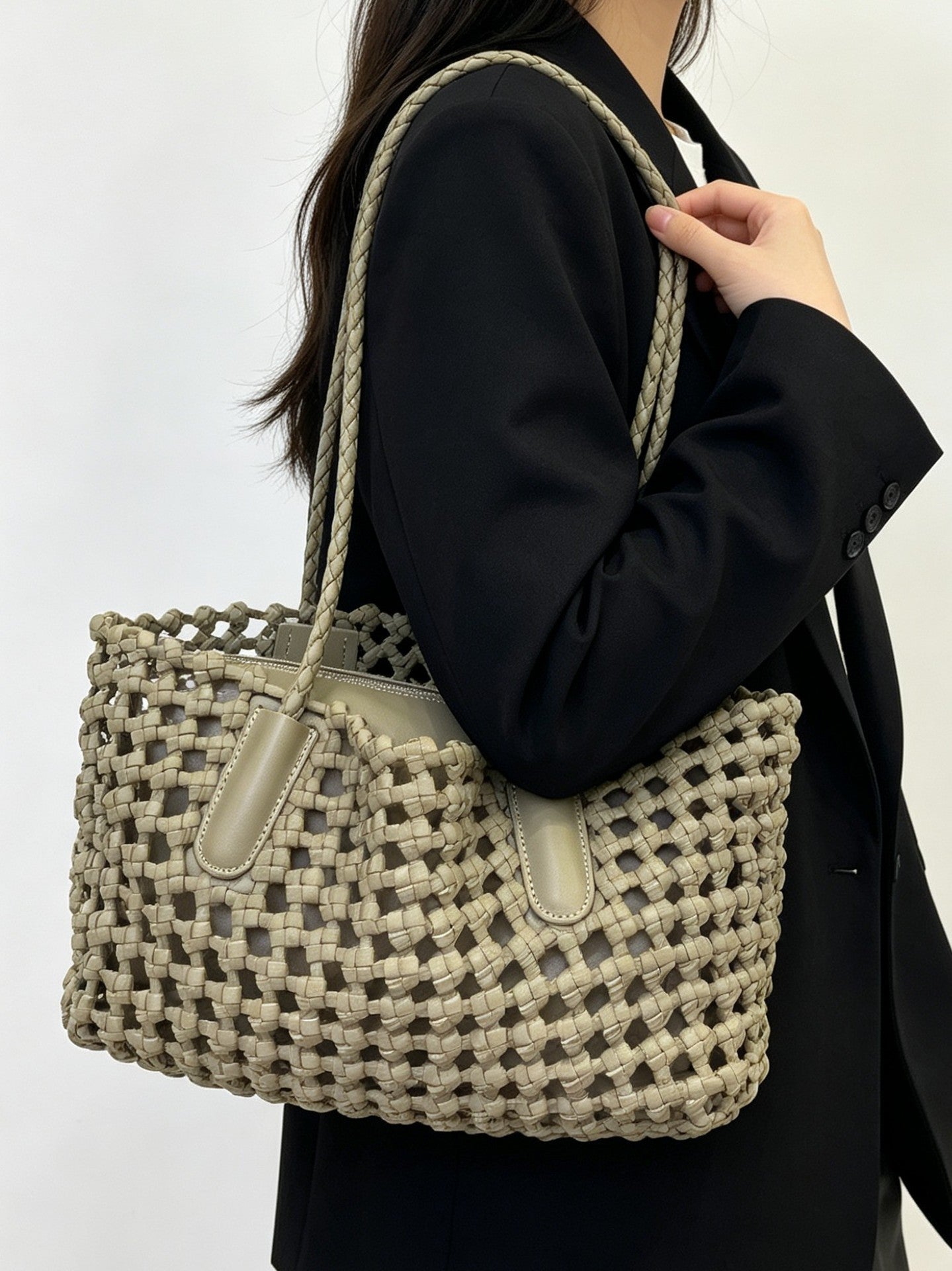 Vegetable Tanning Cowhide Hollow Design Woven Genuine Bags