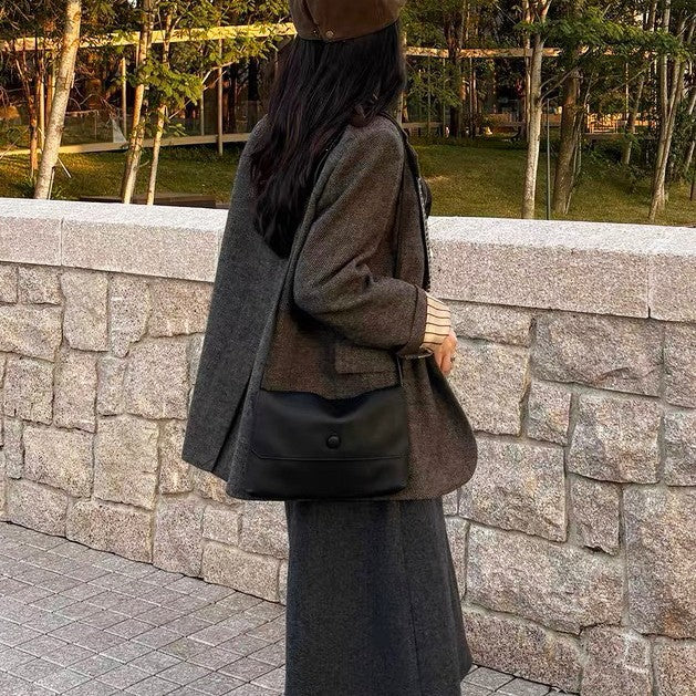 Women's Korean Style Niche Button Large Minimalist Top Layer Leather Bags
