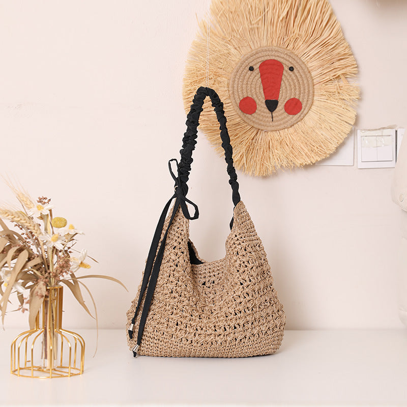 Hollow Flower Large Capacity Straw Solid Color Tassel Woven Bags